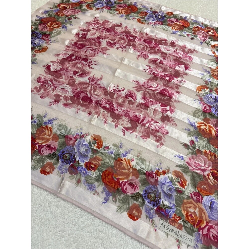 Vintage YSL Yves Saint Laurent Silk Square Scarf 33" 85cm Pink Rose Floral Japan
